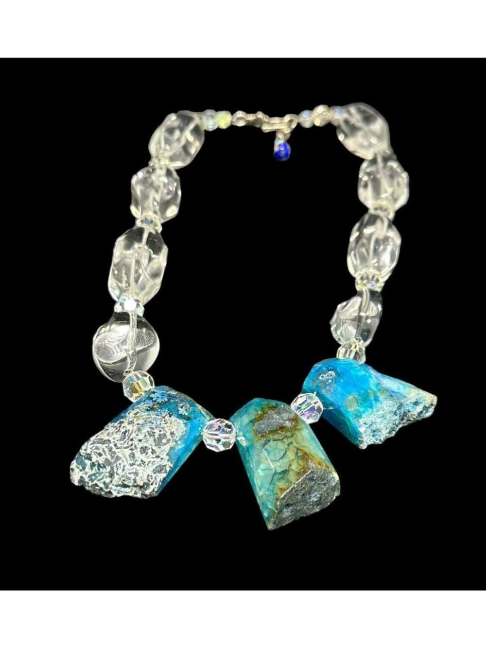 Natural Blue Larimar Necklace Clear Rock Crystal Beads 21 in Raw Gemstone